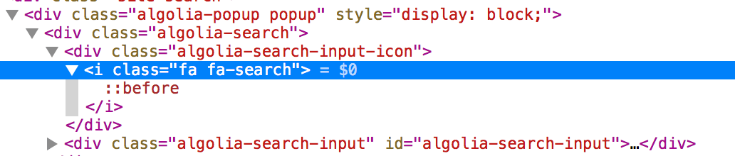 inspect element open on a font-awesome search icon