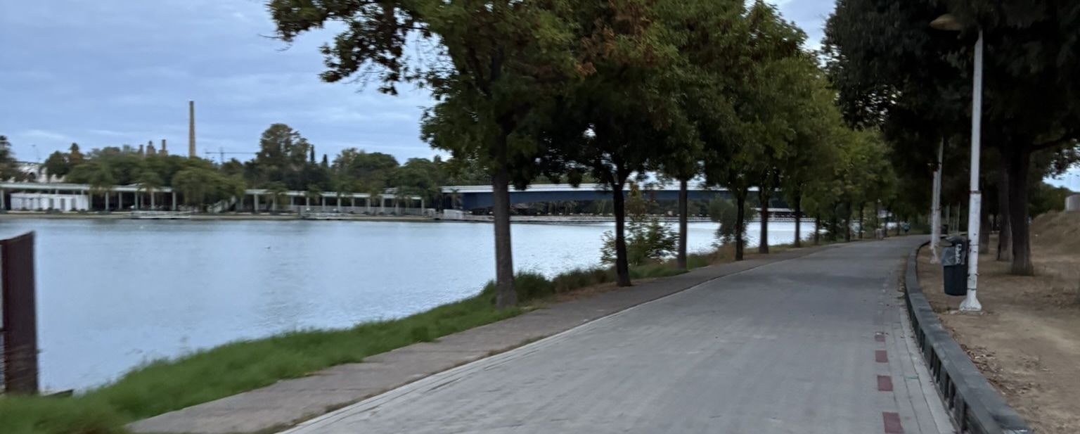 The path along the old Guadalquivir river in Sevilla in early morning light, with concrete pavers lining the waterway and trees along the banks.