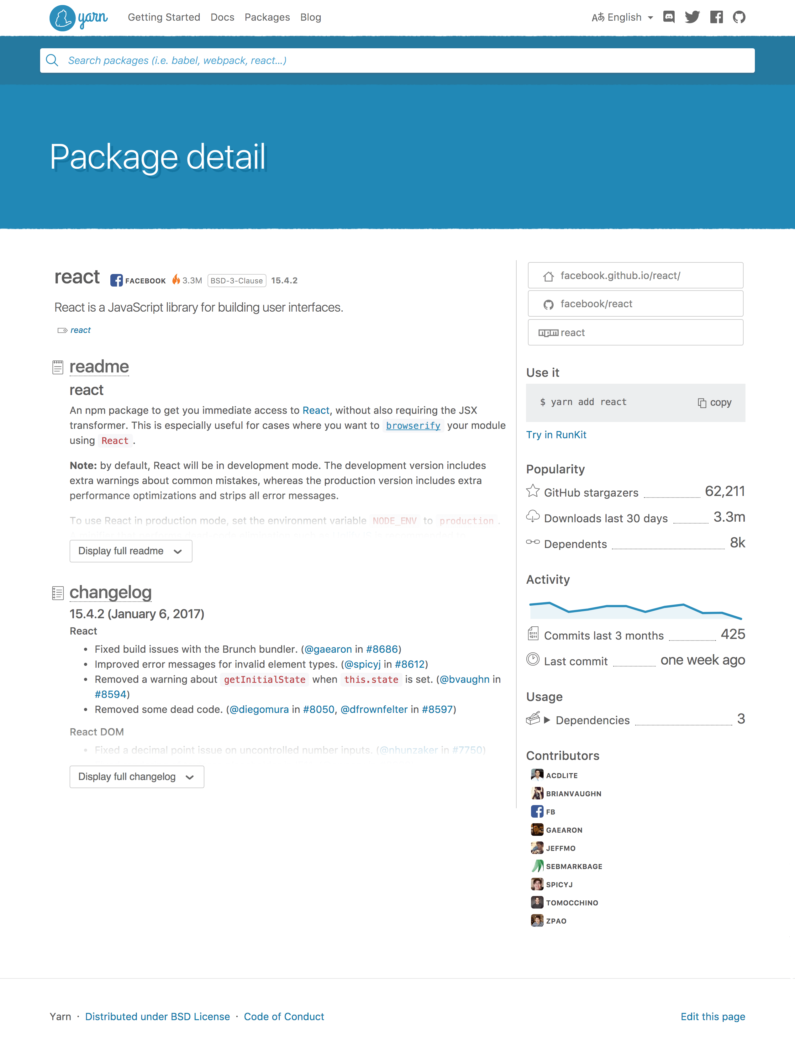 preview of the detail page of yarnpkg.com, showing the React page